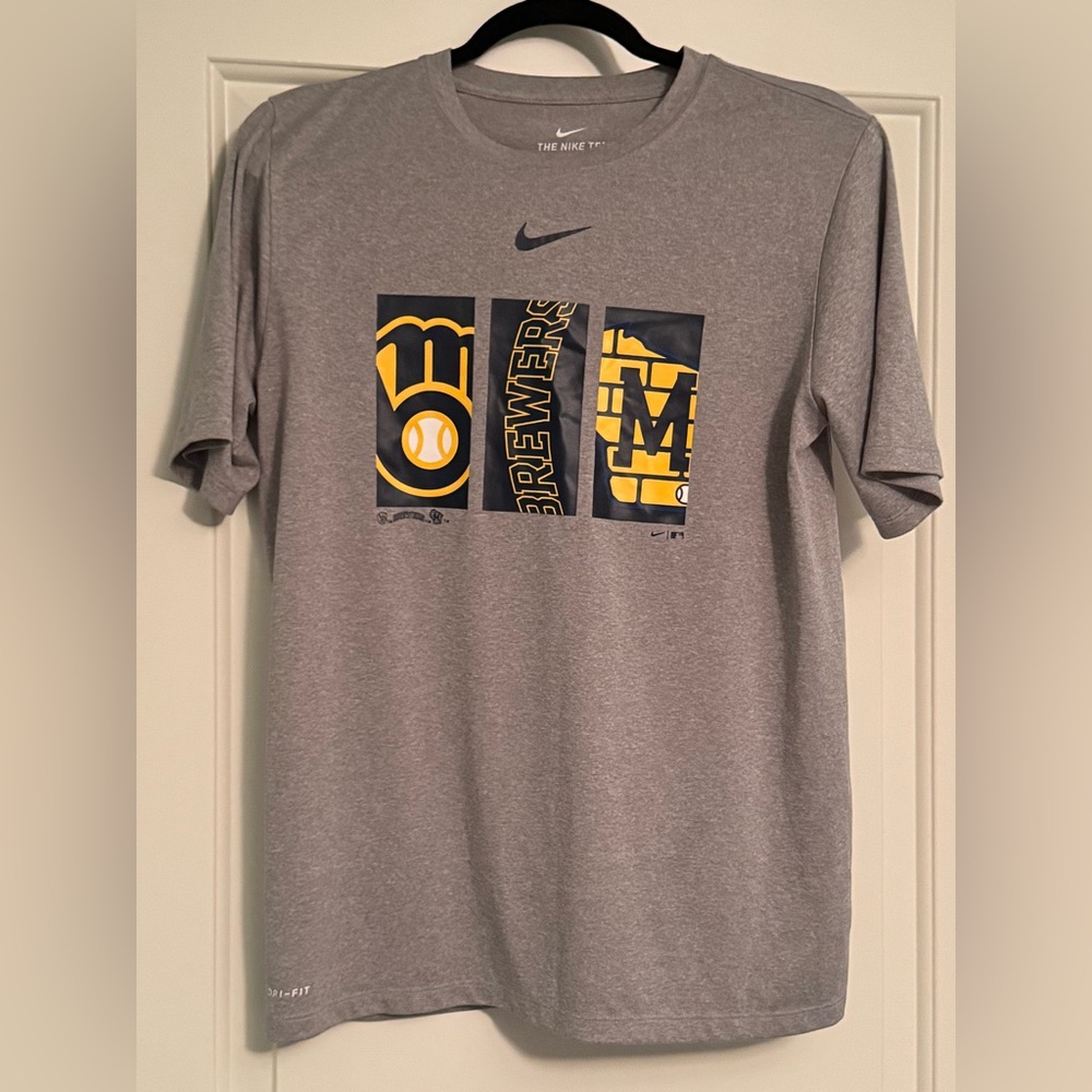 Nike Gray and Yellow Brewers Tee Youth XL